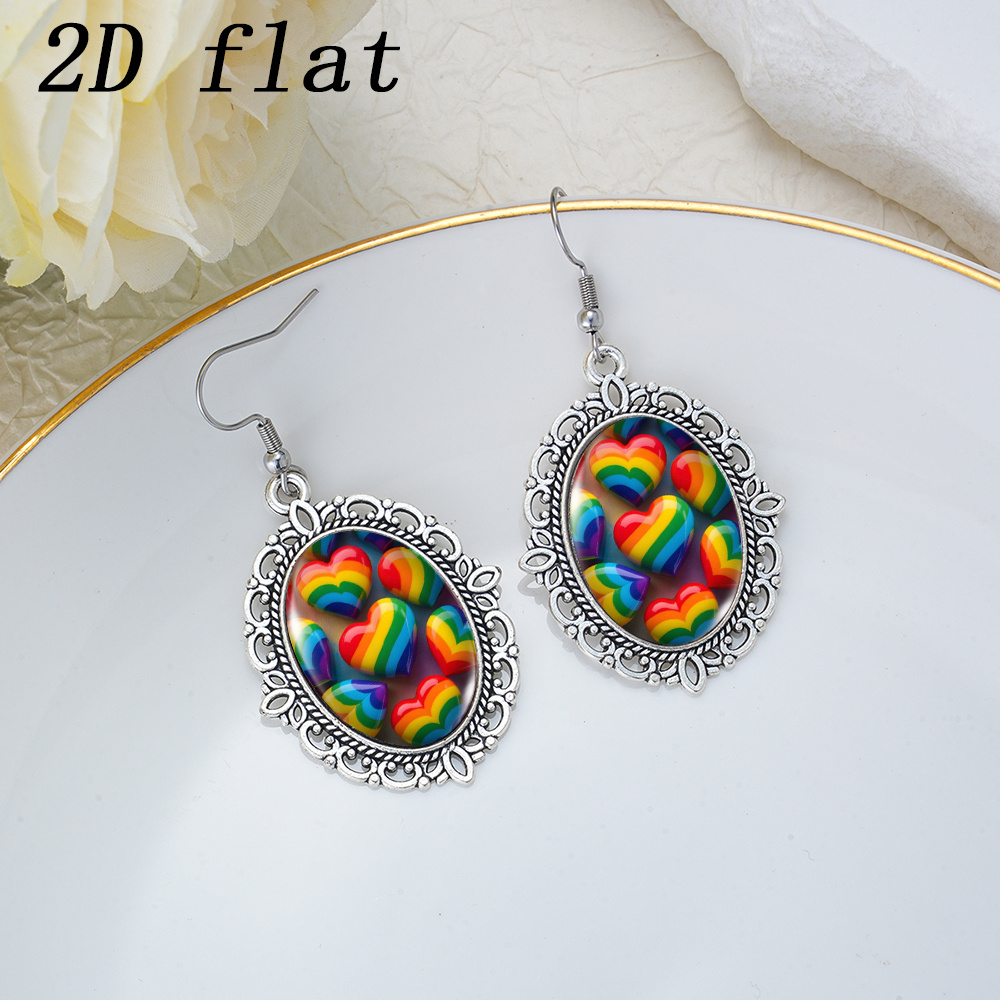 Rainbow Heart Full Pattern Glass Cabochon Earrings